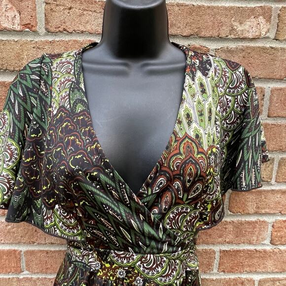 Vtg 00s Y2K Peacock babydoll Festival Flutter Sleeve Paisley Maxi Flowy Dress M - Picture 4 of 9